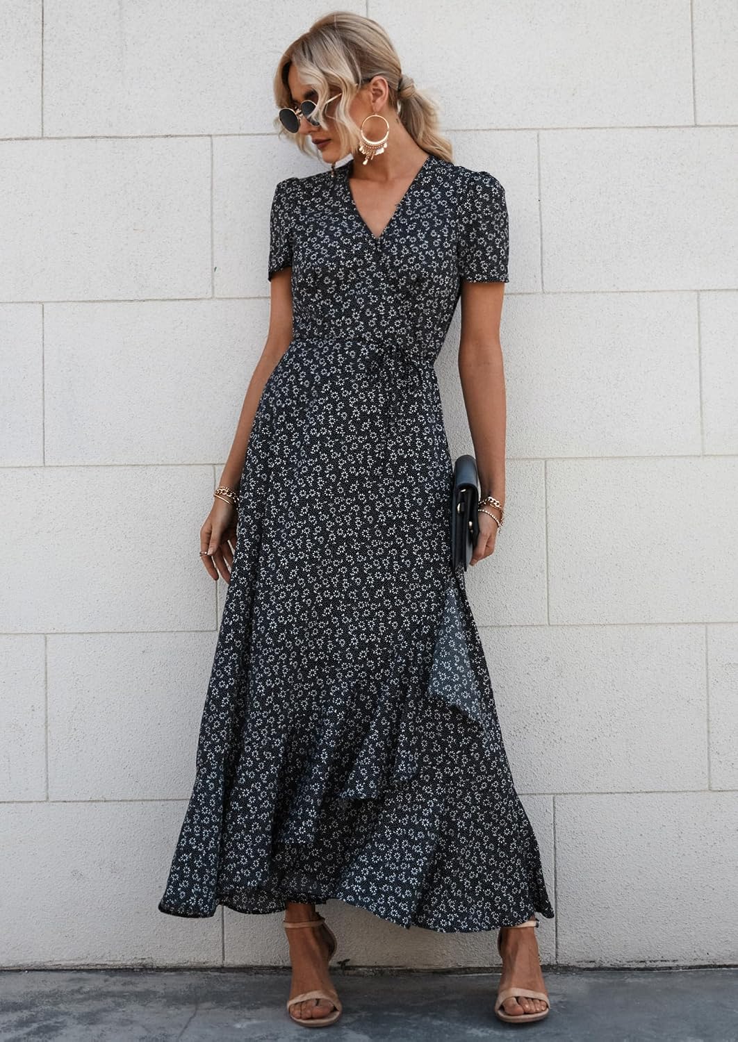 Thumbnail 6 de PrettyGarden Women's Boho Floral Maxi Dress: Wrap V-Neck, Short Sleeve, Flowing Boho Beach Maxi