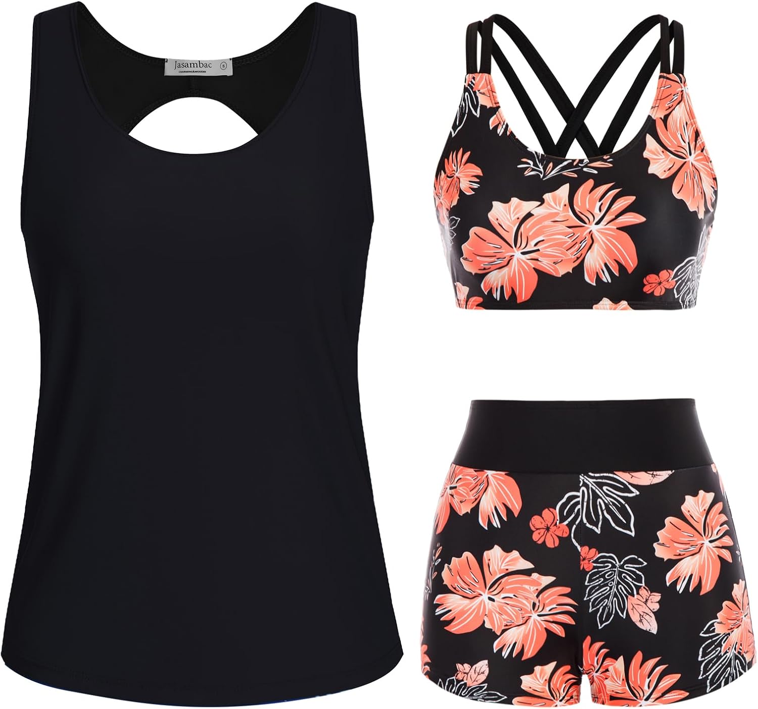 Detalle de JASAMBAC Drei-Teile Tankini Damen Bauchweg mit Push-up-Bikinioberteil & High-W waist Badeshorts – Vielseitige Bademode für Strand & Pool