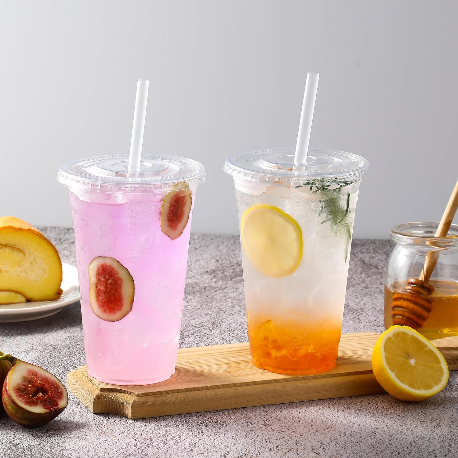 Detalle de AOZITA 16 oz Clear Plastic Cups (100 Sets) with Lids and Straws
