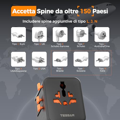 Detalle 2 de TESSAN Adattatore Universale da Viaggio 20W con 2 USB-C e 2 USB-A – 2500W Max