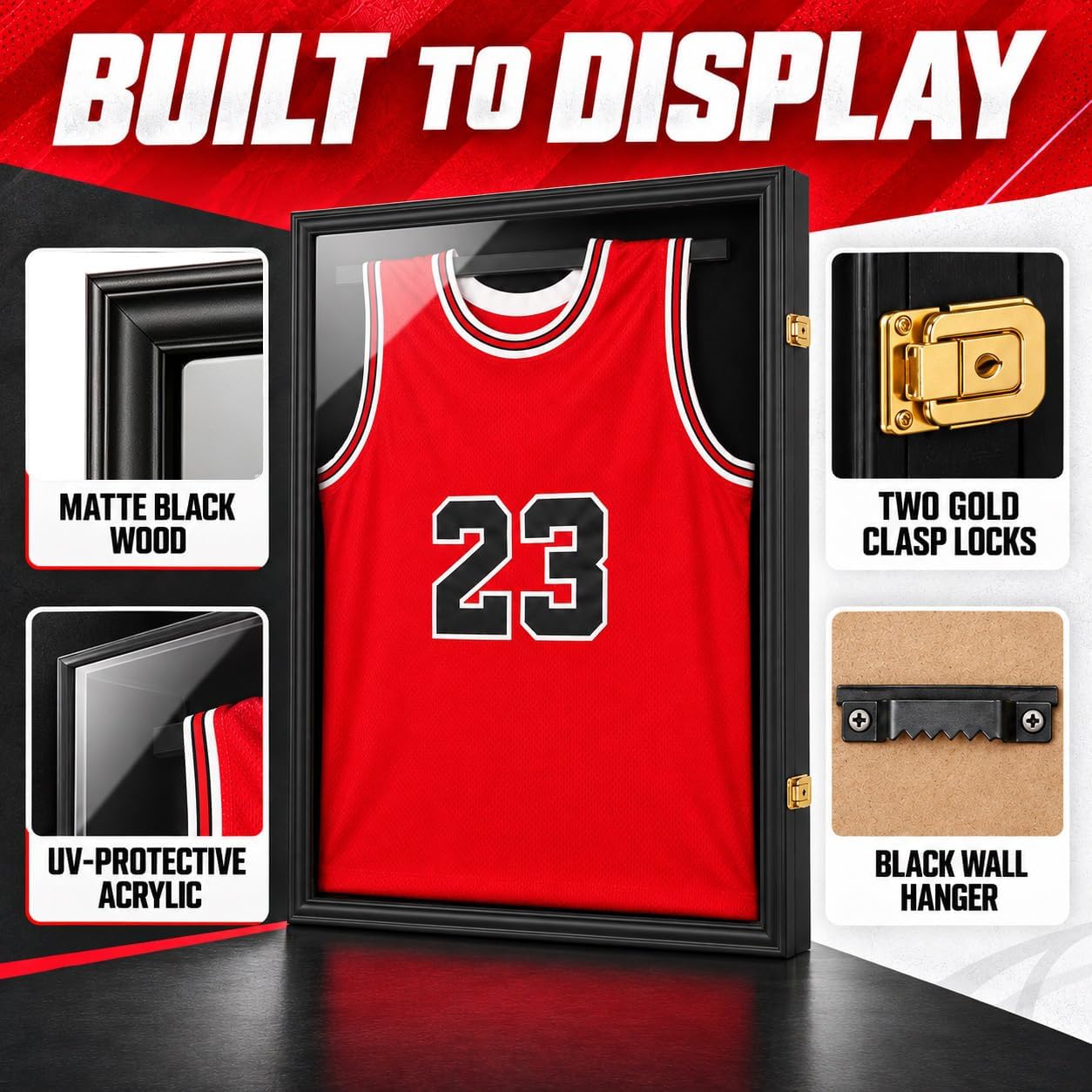 Detalle de Jinchuan Large Jersey Display Case, Wood Frame, UV-Protection Acrylic, Locks