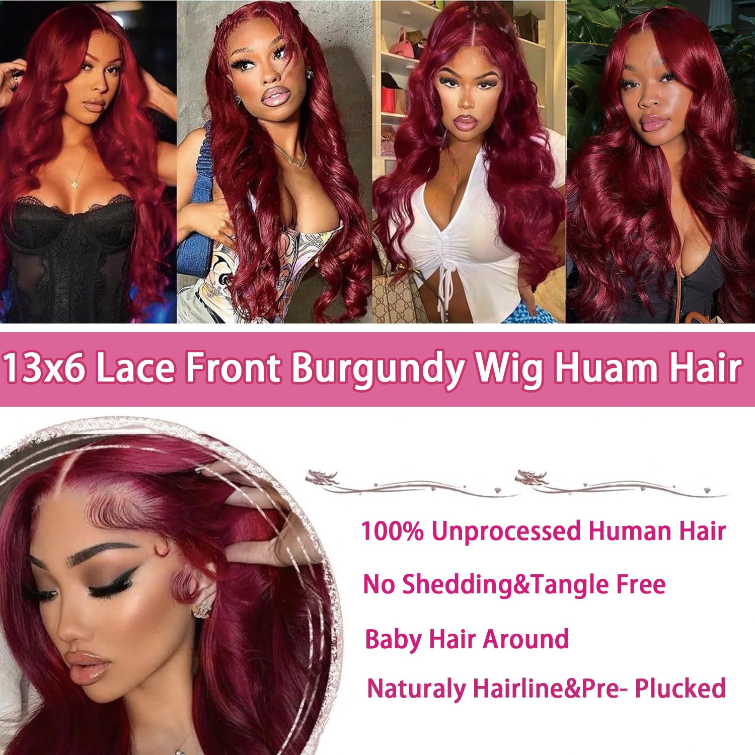 Detalle de QZOQZO 99J Burgundy 24-Inch Human Hair Lace Front Wig, 13x6 Body Wave