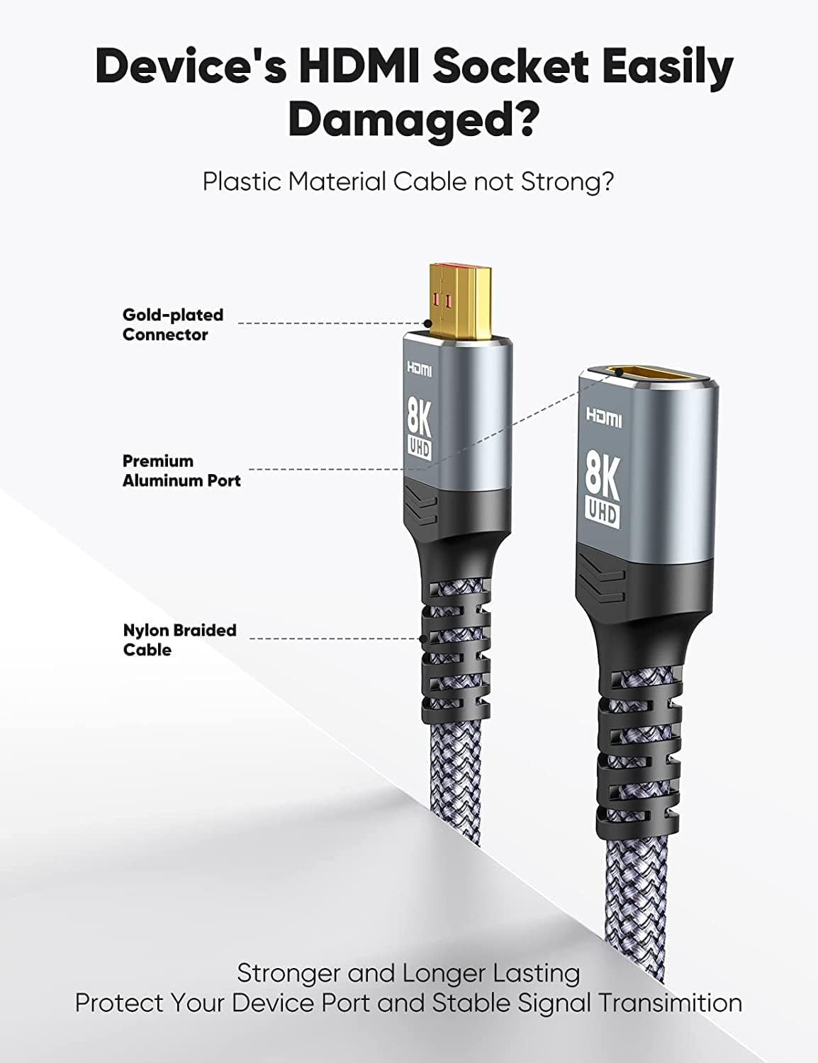 Detalle 2 de Highwings 8K/4K HDMI Extender Cable 3.3FT (1M) — 2.1, Ultra High Speed, Male to Female