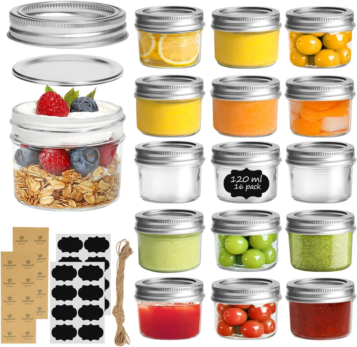 ComSaf Mason Jar/120ml/16pcs glazen weckpotten, 120 ml, luchtdicht en stapelbaar