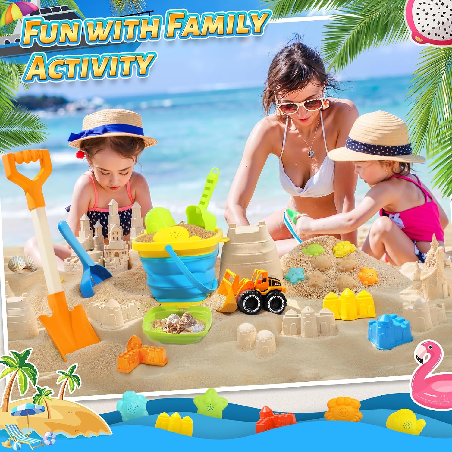 Detalle 2 de Collapsible Beach Sand Toys for Kids — 15-Piece Set with Bucket, Sifter, Molds & Mesh Bag