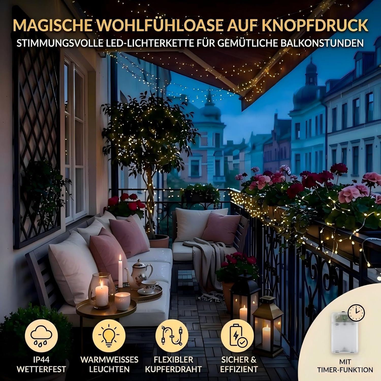 Detalle de Lichterkette Außen Batterie Timer 10 m, 100 LEDs Warmweiß – IP44, batteriebetrieben