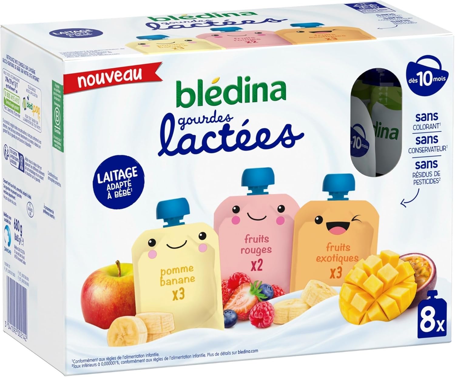 Detalle de BLÉDINA Gourdes lactées aux Fruits Bébé – Fruits Rouges / Pomme Banane / Fruits Exotiques (dès 10 mois) – 4 x 8 x 85 g
