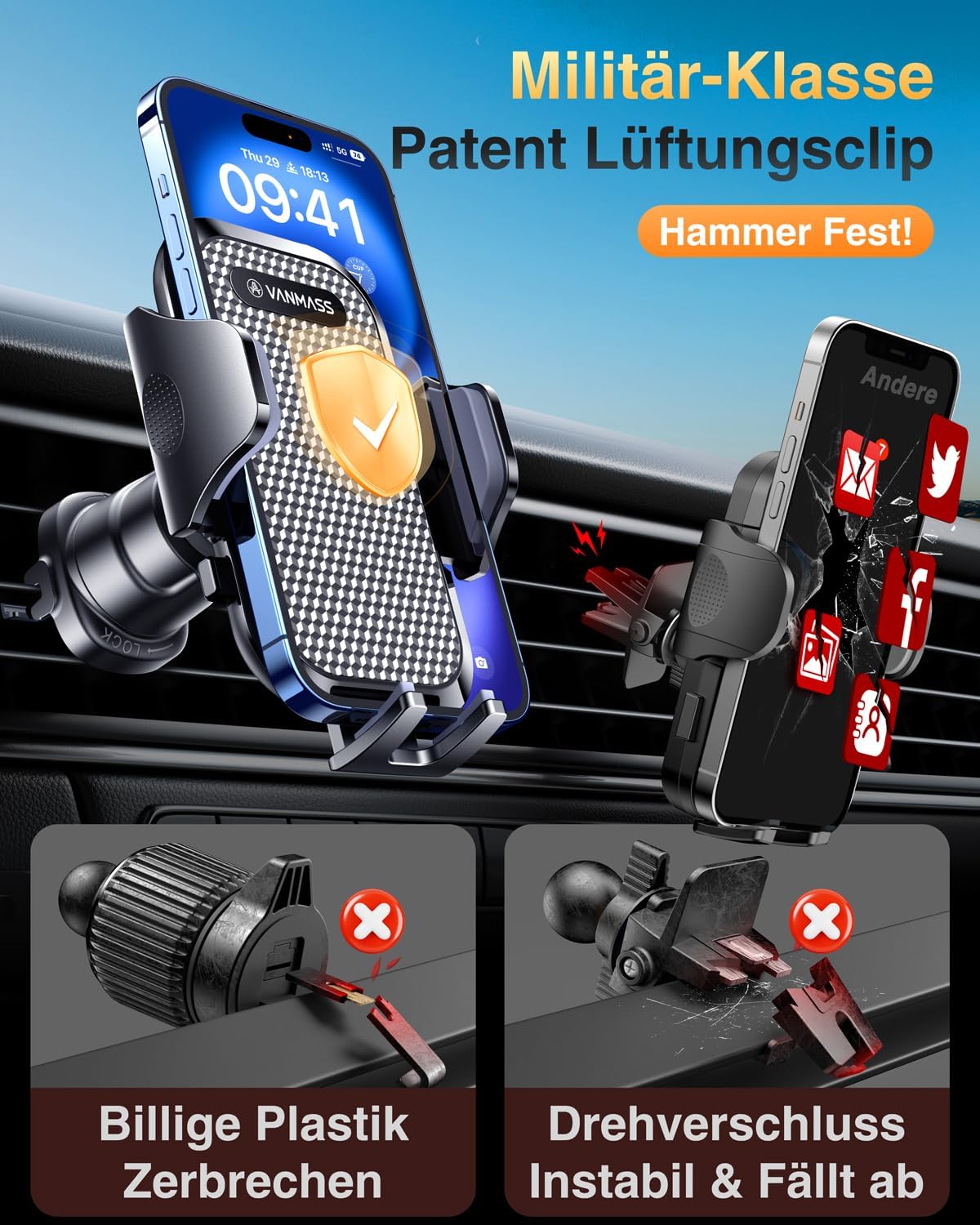 Thumbnail 5 de VANMASS 2026 Militärische Handyhalterung Auto Upgradе – Stärkster Saugnapf, Lüftungshaken, 360° Drehung