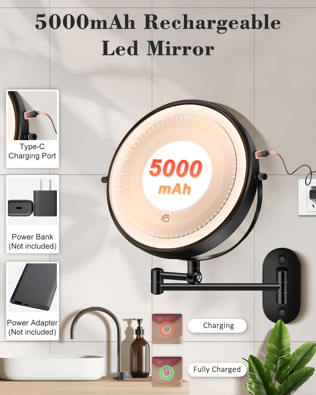 Thumbnail 5 de VFD 30X/1X Lighted Wall Makeup Mirror 5000mAh