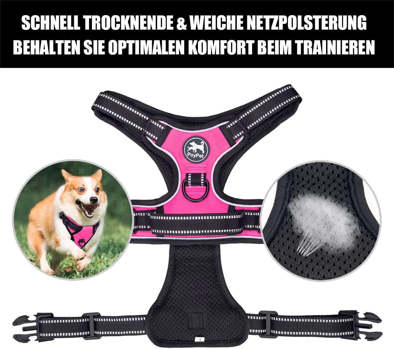 Thumbnail 6 de PoyPet No Pull Hundegeschirr – reflektierendes Front- und Rückengeschirr für kleine bis mittelgroße Hunde (XS, Rosa, 1er Pack)