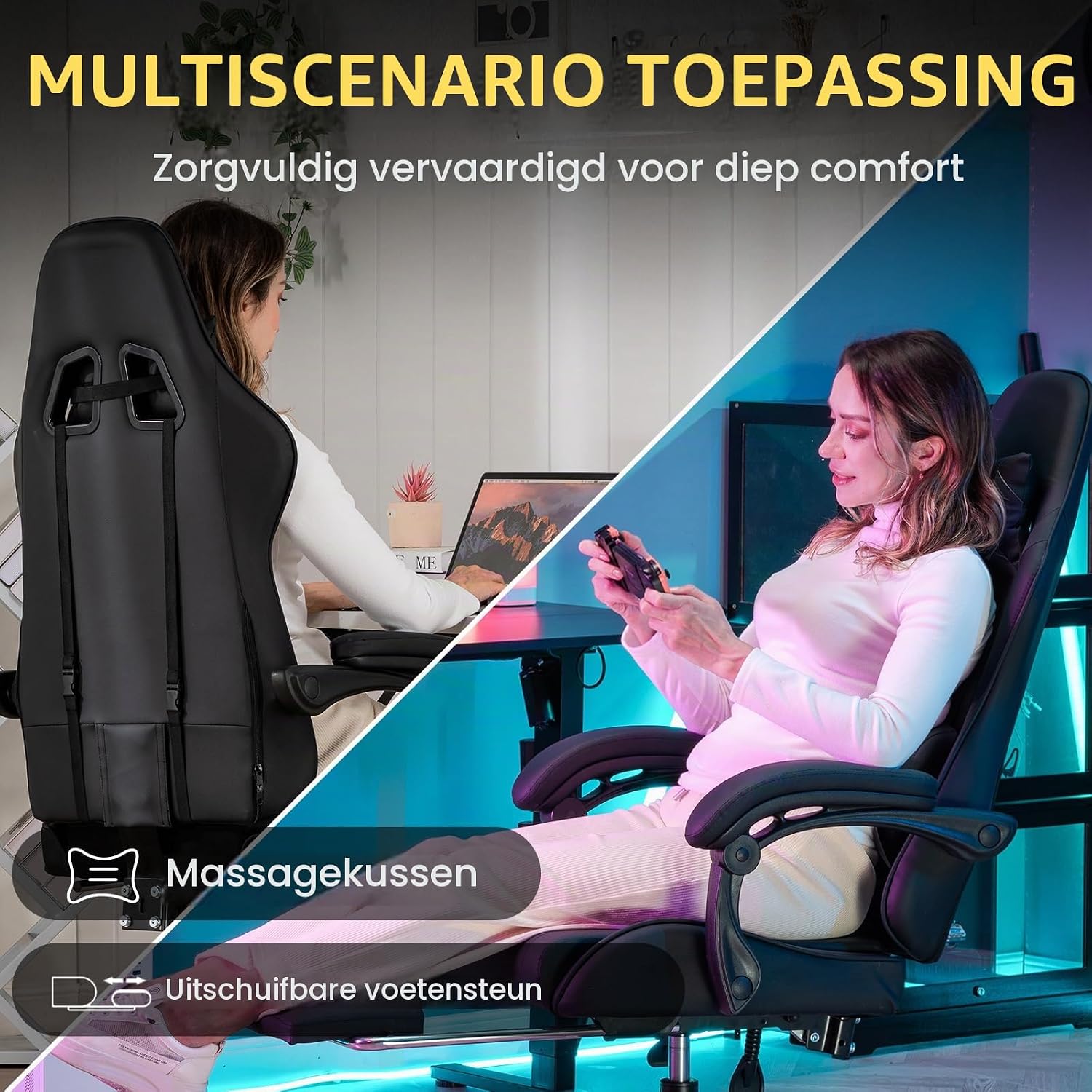 Detalle de GTPLAYER WDJ01-BLK gamingstoel met massage-lendensteun, voetensteun en zwart design