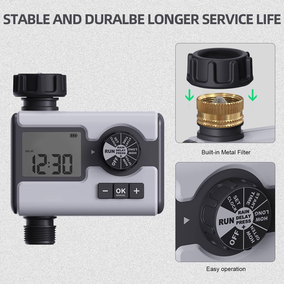 Detalle 2 de Aqualin Timer per irrigazione da giardino con 3 programmi, ritardo pioggia e modalità manuale