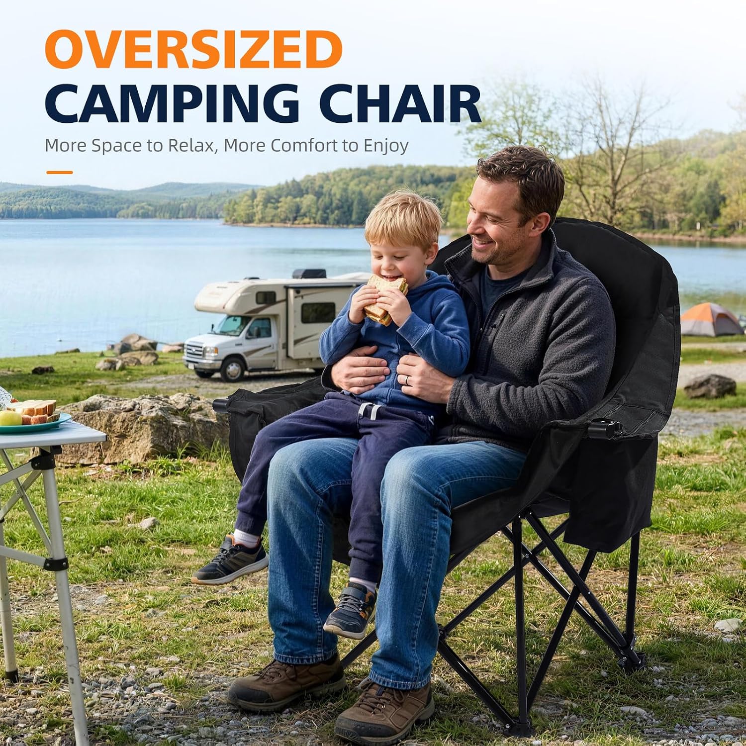 Detalle de DasEpic PW-RC739Ha2-Allblack Oversized Folding Camping Chair, Padded, 500 lb