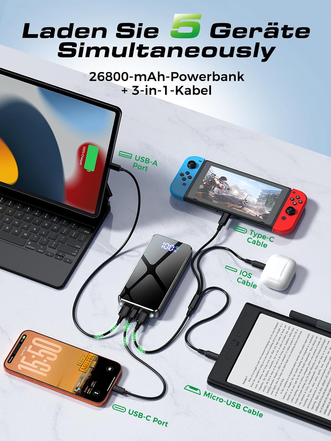 Thumbnail 3 de Power Bank 26.800 mAh mit Schnellladefunktion (bis 22,5 W) & LED-Display – tragbarer Akku für Reisen und Outdoor