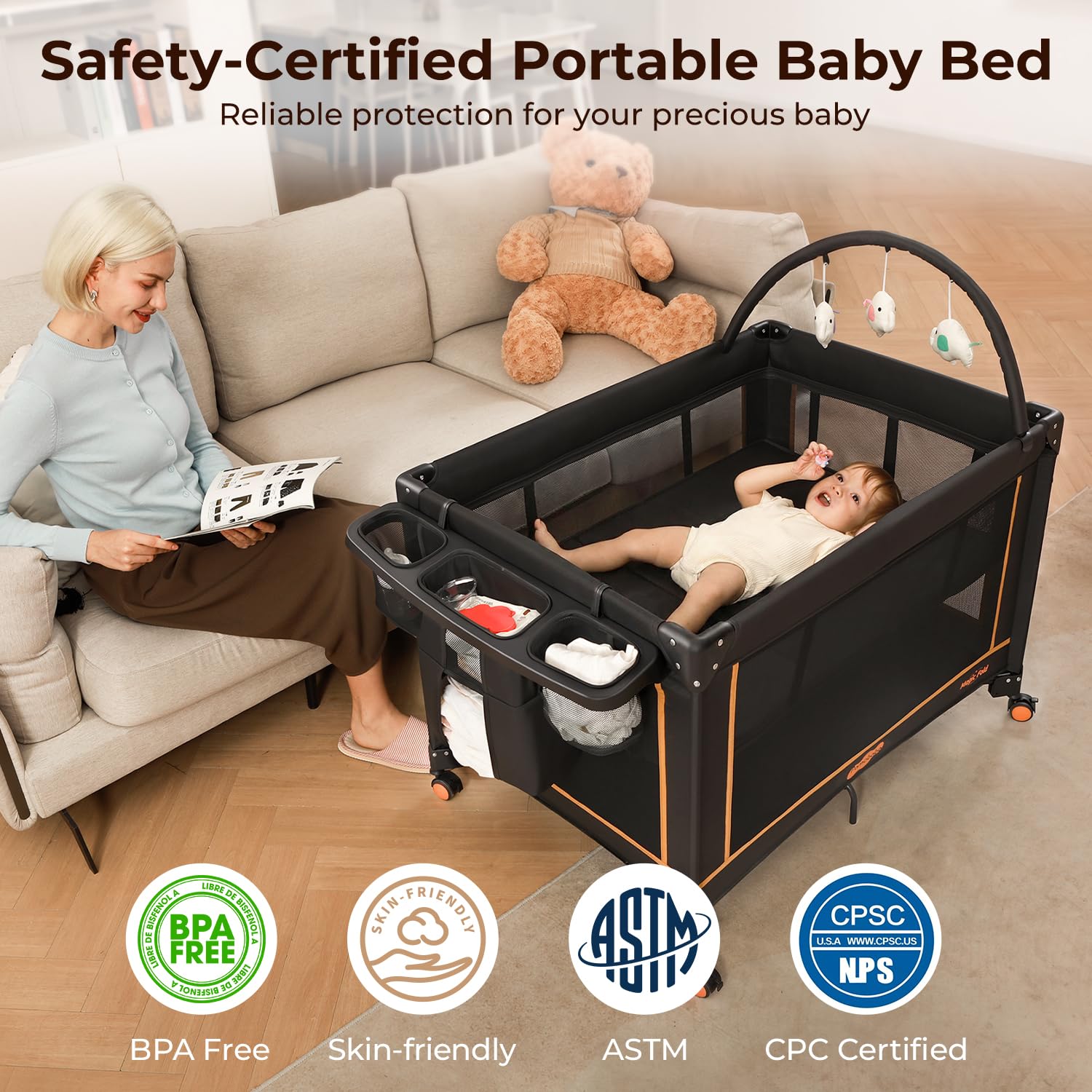 Detalle de Pamo Babe Pack and Play Travel Crib with Mattress, Folding Playard and Lockable Wheels