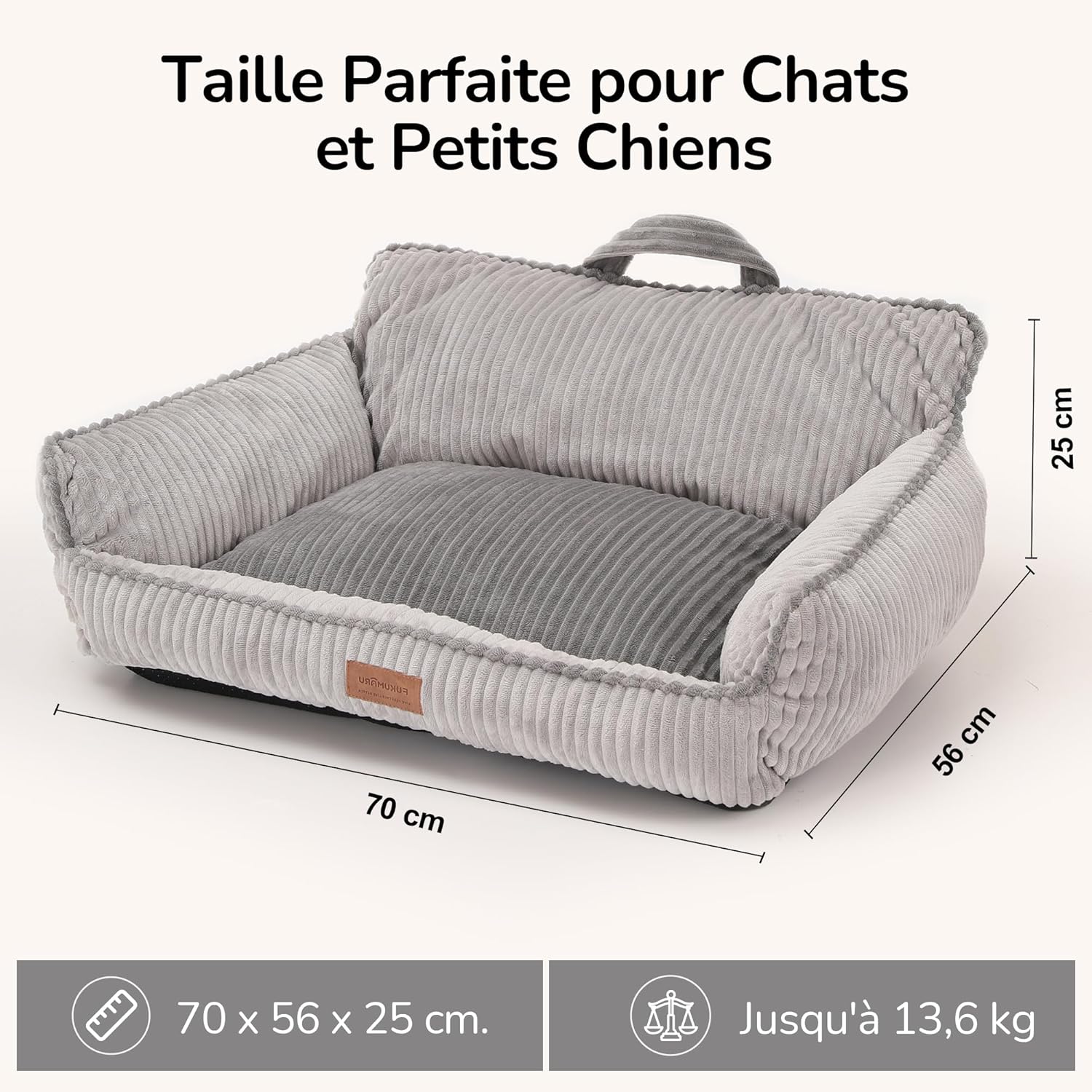 Thumbnail 5 de FUKUMARU Panier pour chien en velours côtelé avec housse lavable et fond anti-dérapant – Gris, 71 cm