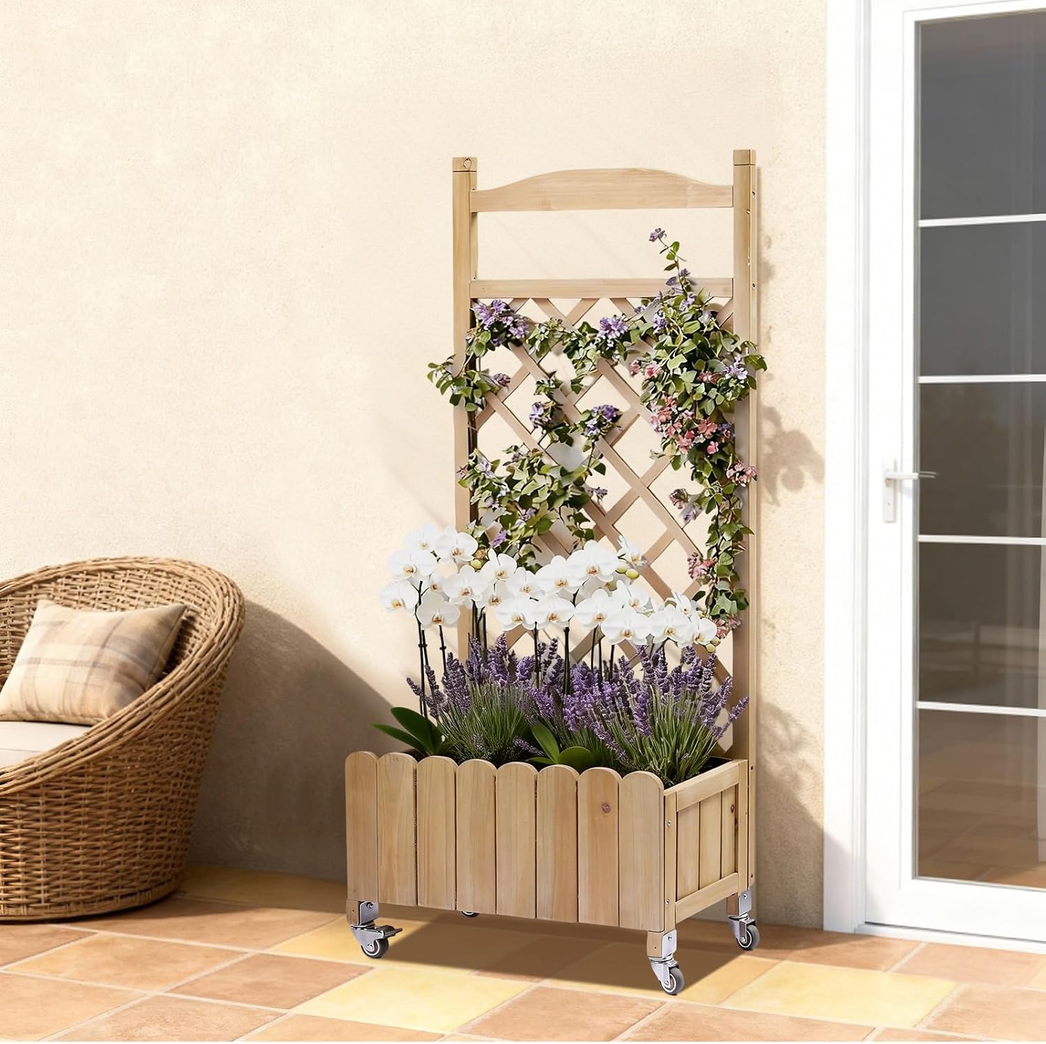 Thumbnail 1 de Fioriera in legno con grigliato e ruote, rialzata, 116 cm x 49 cm x 28 cm – Marrone chiaro