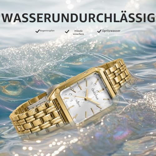 Thumbnail 4 de CHEETAH Damenuhr in Goldfarben – Retro-Rechteckgehäuse, Edelstahlband