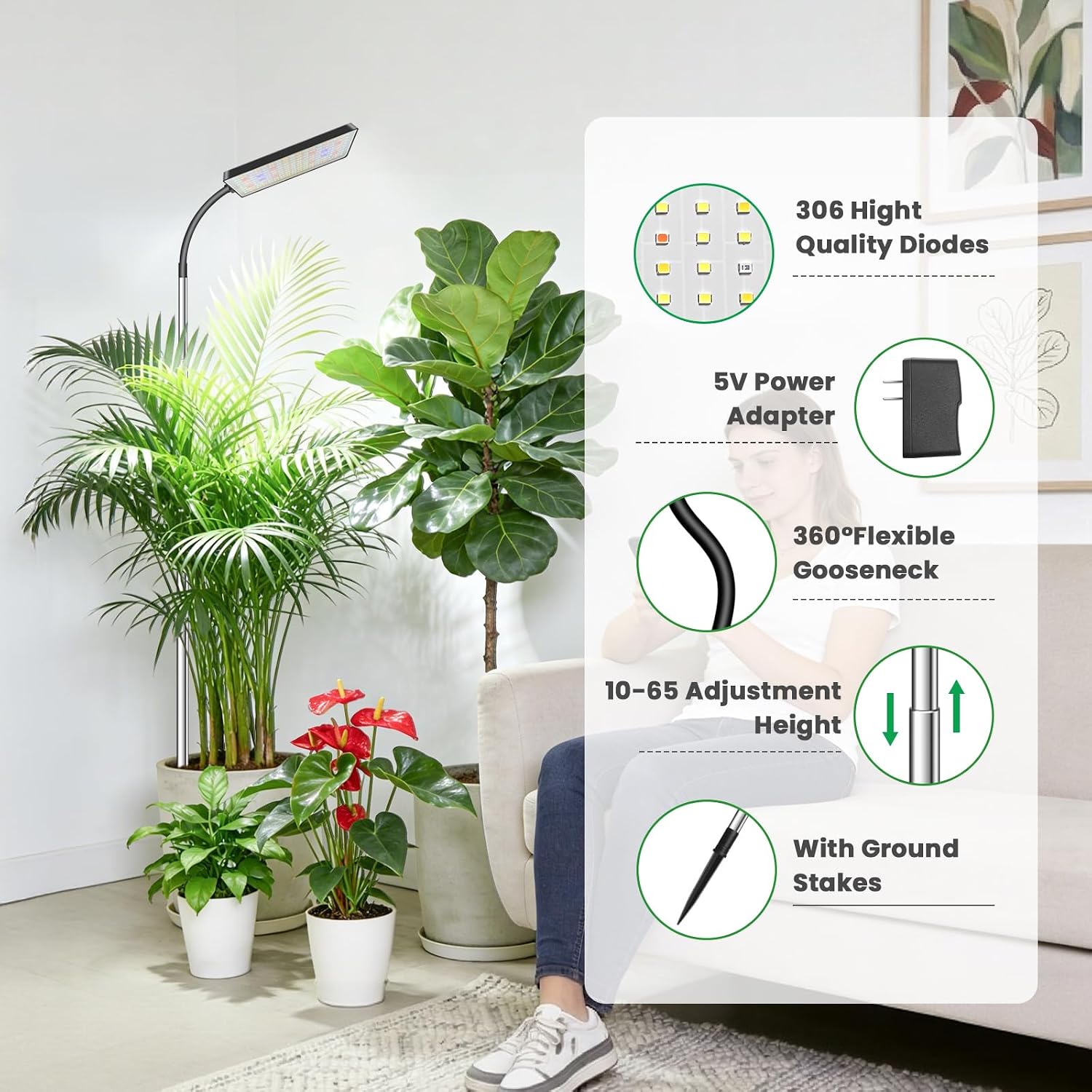 Detalle 2 de Eurbolan Full Spectrum Grow Lights, 306 LEDs, Adjustable Height, 2-Pack