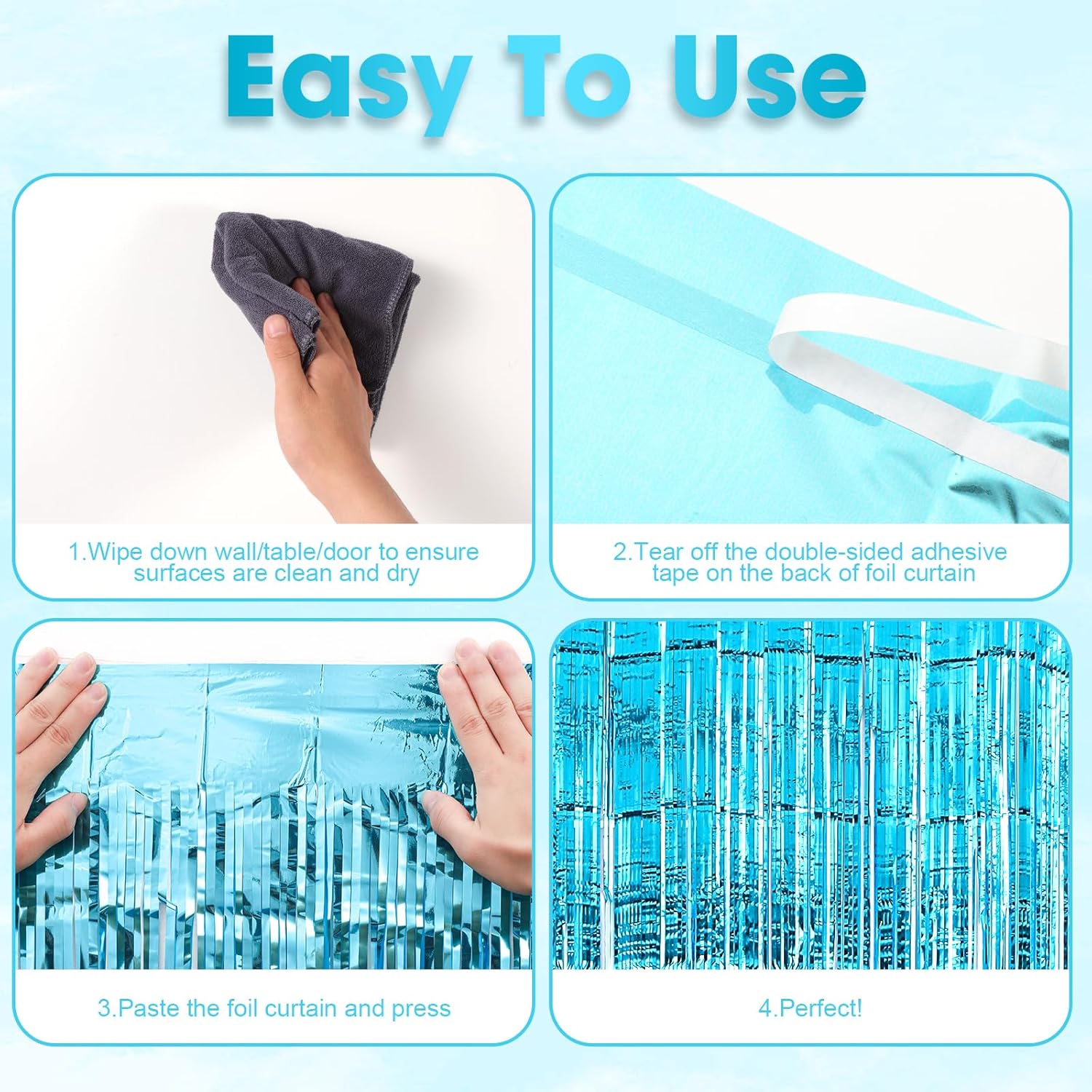 Thumbnail 3 de Voircoloria 3 Pack Light Blue Foil Fringe Backdrop Curtains (3.3x8.2 ft)