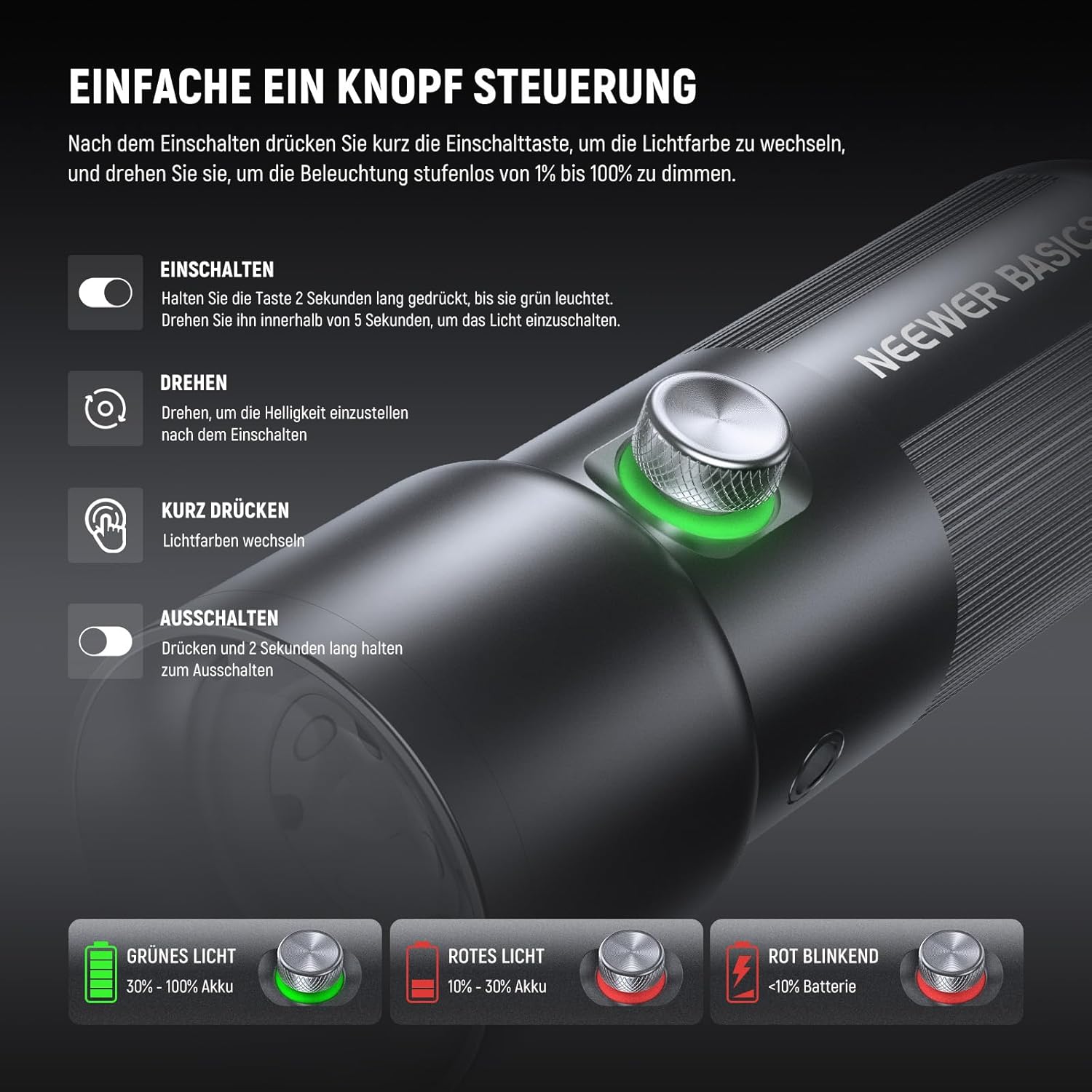 Detalle de NEEWER BASICS RGB Fotografie Taschenlampe mit Tischstativ – 4 Farben, 20 Gobo-Filter, 7500mAh, 10W, 6300K CRI95+