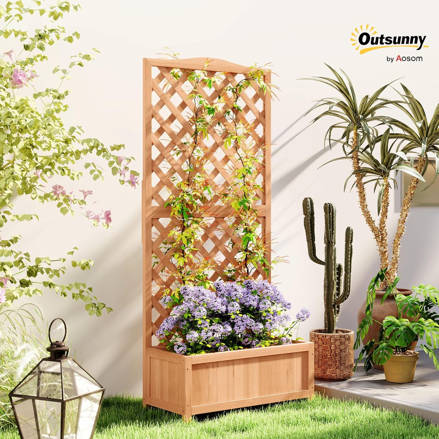 Detalle de Outsunny Jardinière sur pieds avec treillis en sapin pré-huilé – 76L x 36l x 170H cm, fond à lattes
