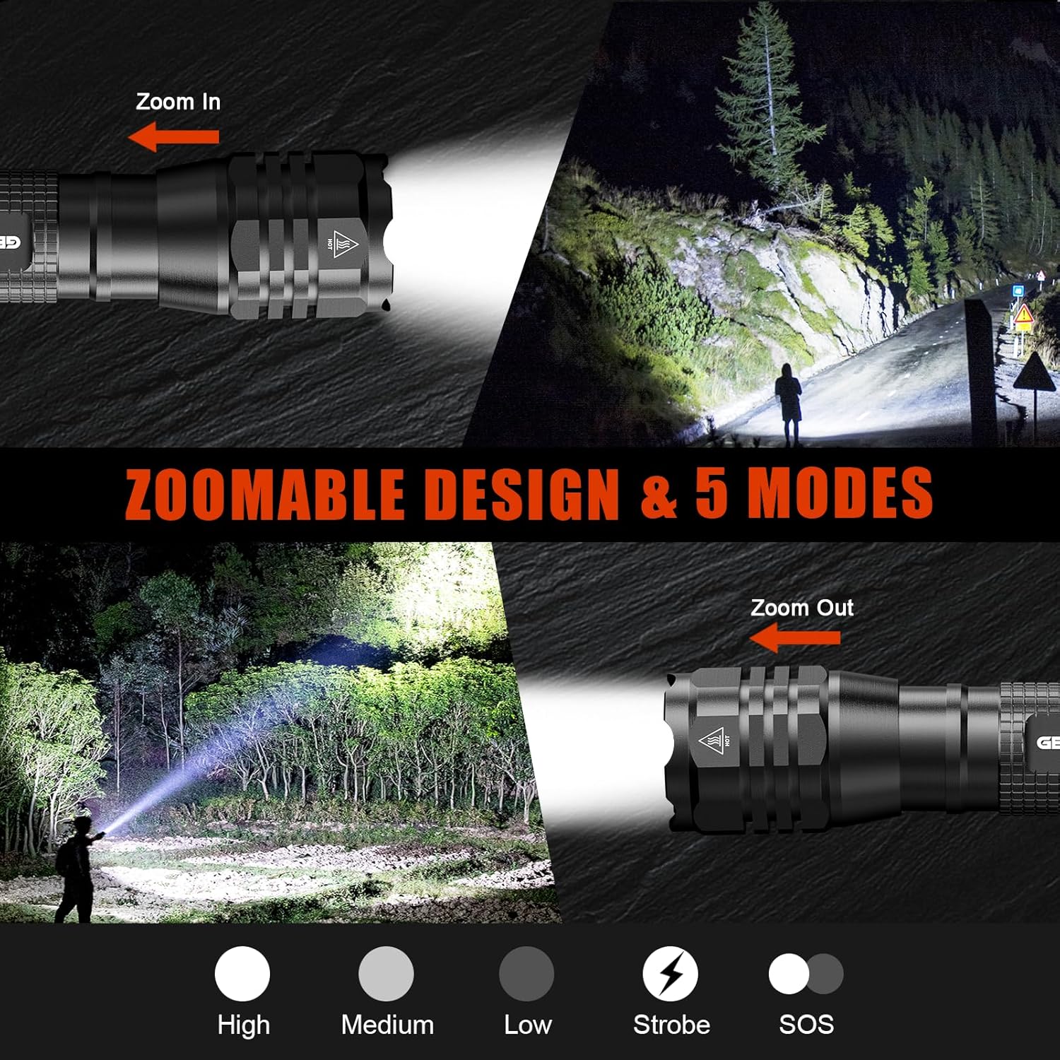 Thumbnail 1 de GEARLITE LED Taschenlampe Extrem Hell 2 Stück – 4000 Lumen, Aluminium, IP65, Zoom, 5 Modi