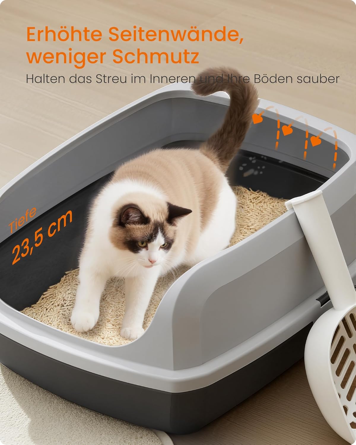 Detalle de Feandrea Katzenklo XXL mit hohen Seitenwänden, offenem Oberteil und Schaufel – schiefergrau PPT010GN01