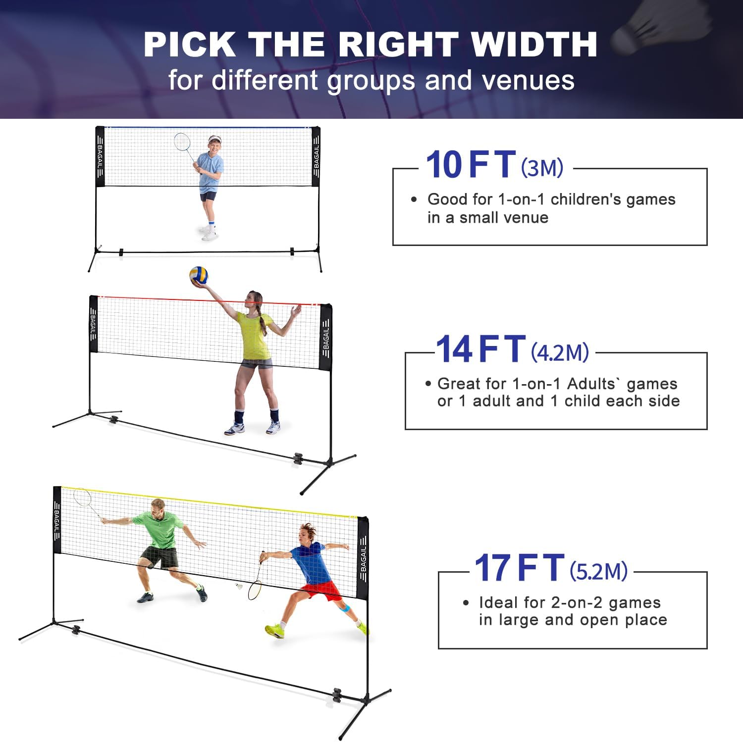 Detalle de BAGAIL Badminton Net (Height Adjustable Kids Volleyball Net) — Foldable Nylon Training Net, 10/14/17 ft Wide