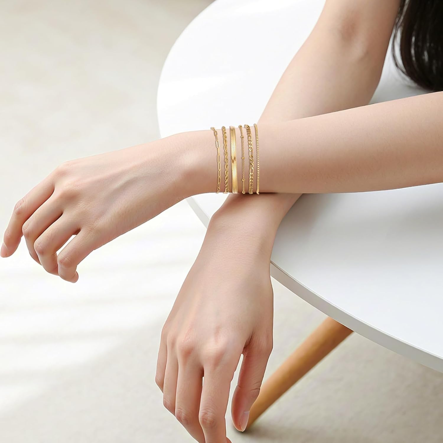 Detalle de RWQIAN Armband-Set Damen Silber/Gold – 5–6 Stücke, verstellbar, 316L Edelstahl, 14K Vergoldet