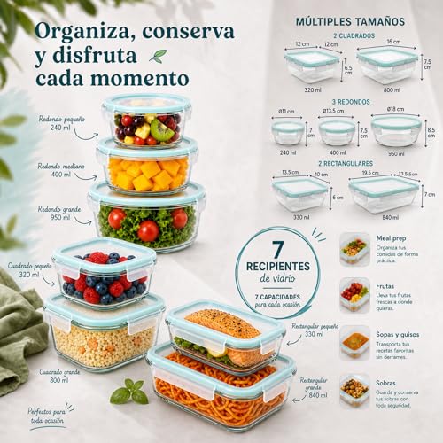 Detalle 2 de edihome Recipientes de Cristal para alimentos, 14 piezas: set hermético con tapas y borosilicato, apto lavavajillas, congelador y microondas