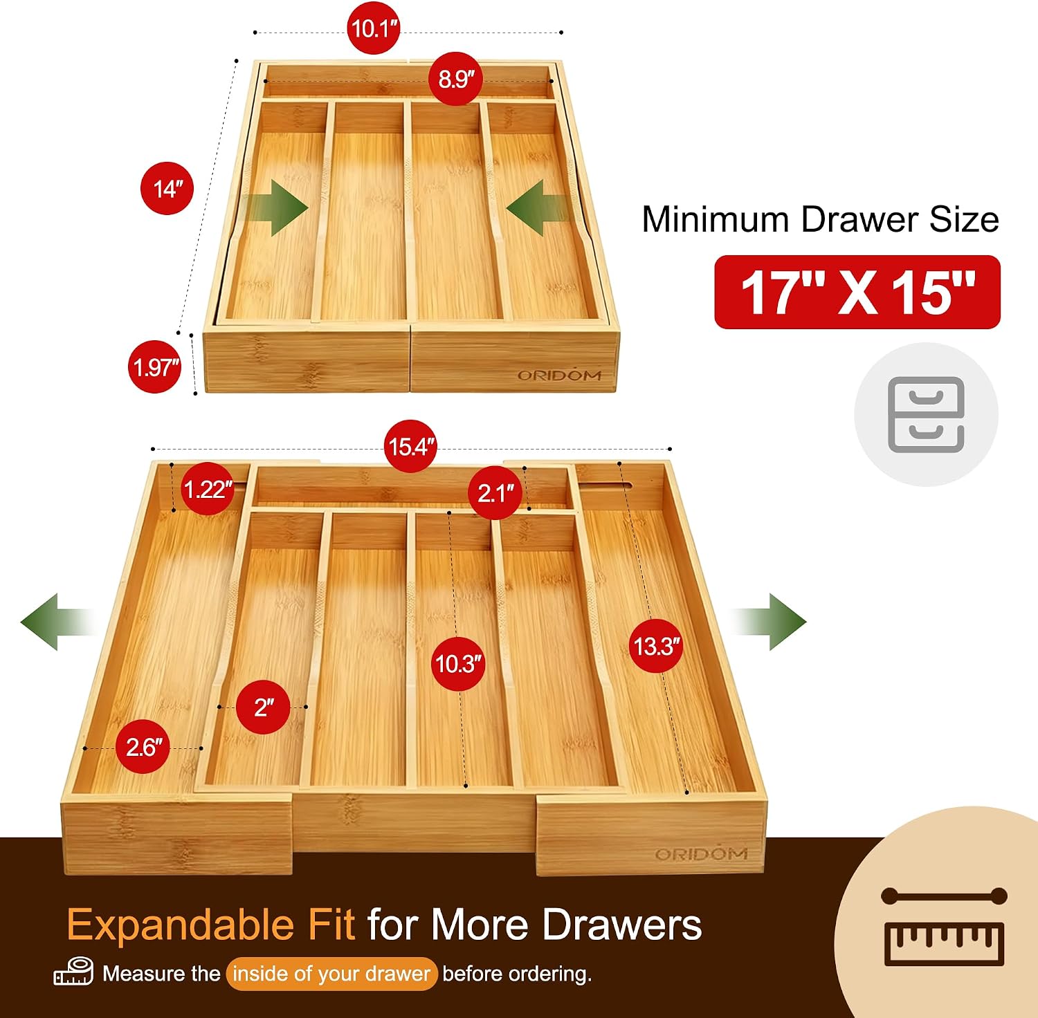 Thumbnail 1 de oridom Expandable Bamboo Drawer Organizer for Cutlery 🍽