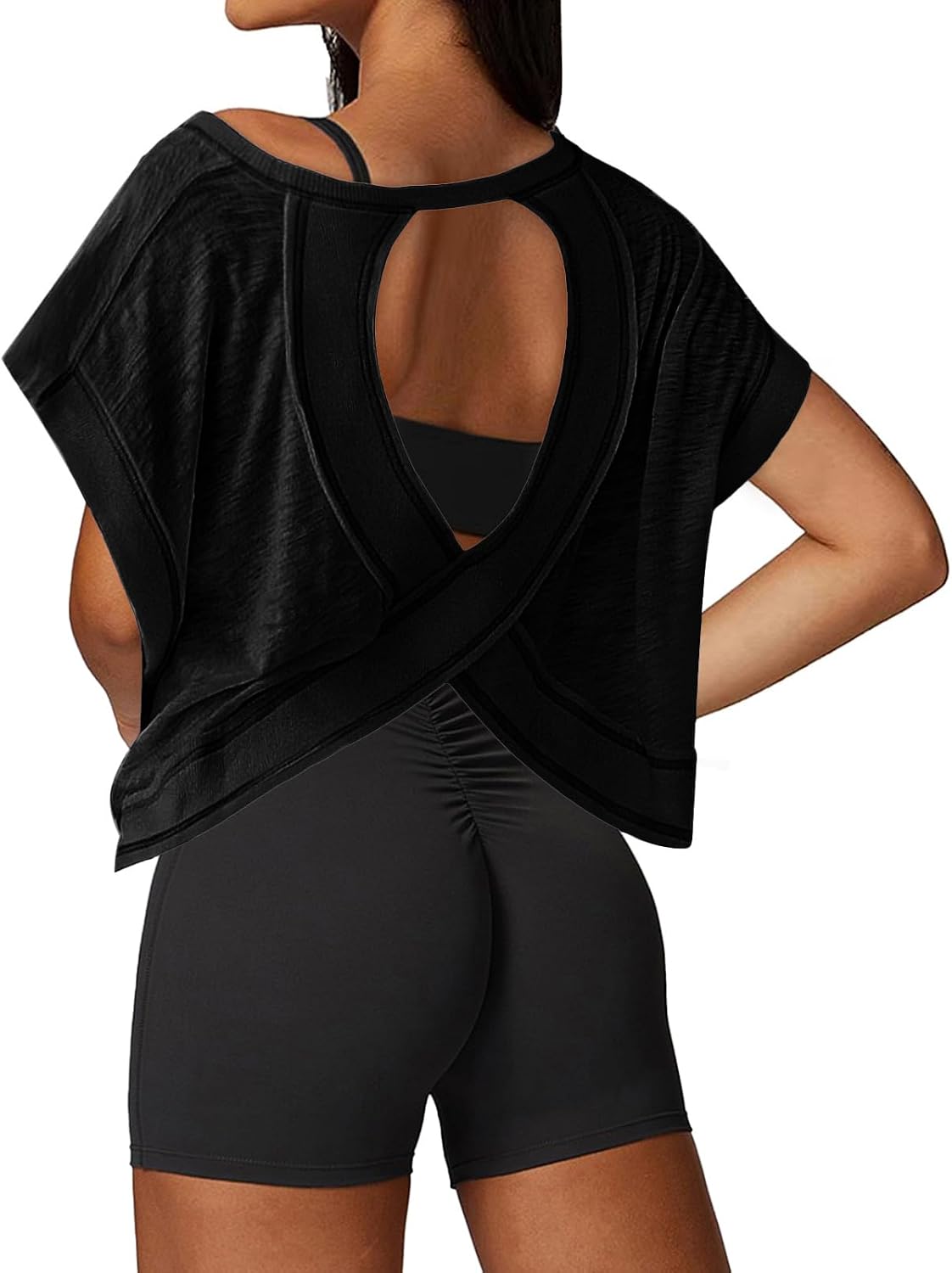 Detalle de UNIANKIYA Open Back Workout Tops for Women — Breathable, Easy-Pull Crop Tee for Gym, Yoga, and More
