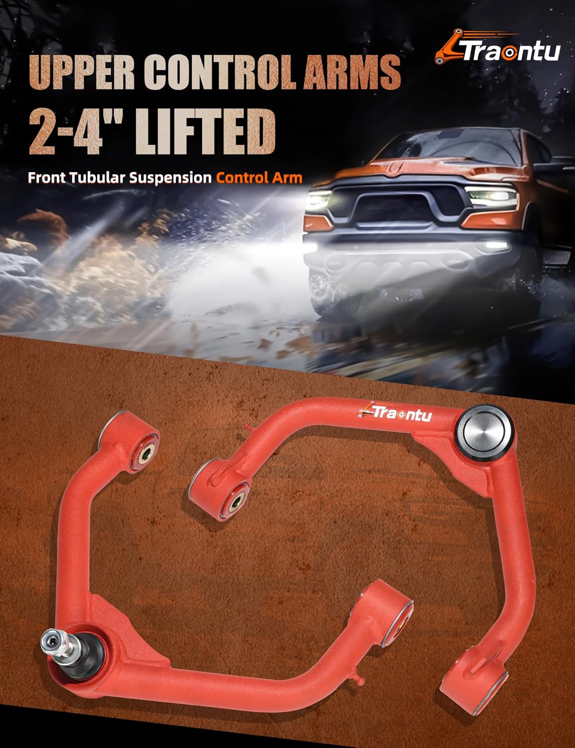 Detalle 2 de 2-4" Lift Front Upper Control Arms for 2009-2024 Ram 1500/Classic (Tubular, PU Bushings, Wrinkle Red) – Enhanced Stability for Lifted Pickups