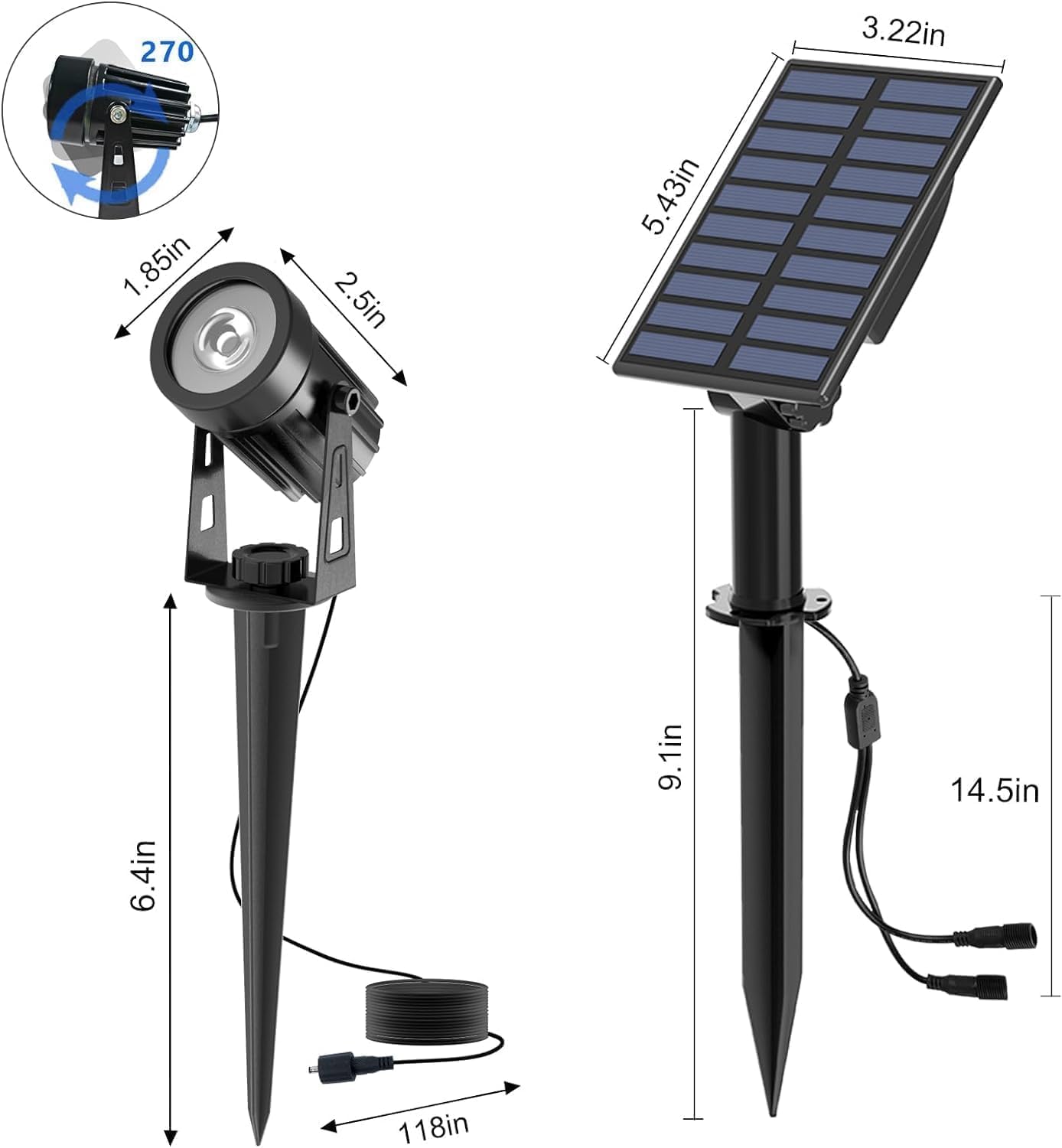 Detalle de T-SUN Solar Spotlight Kit: IP65, 2 Headlamps, 270° Adjustable – 2 Pack