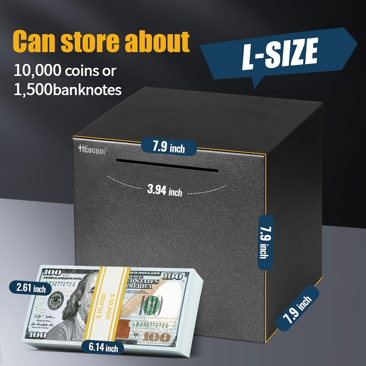 Detalle de hicocool Adult Piggy Bank (Must Break to Open) Stainless Steel Money Bank, 7.9 in, Black