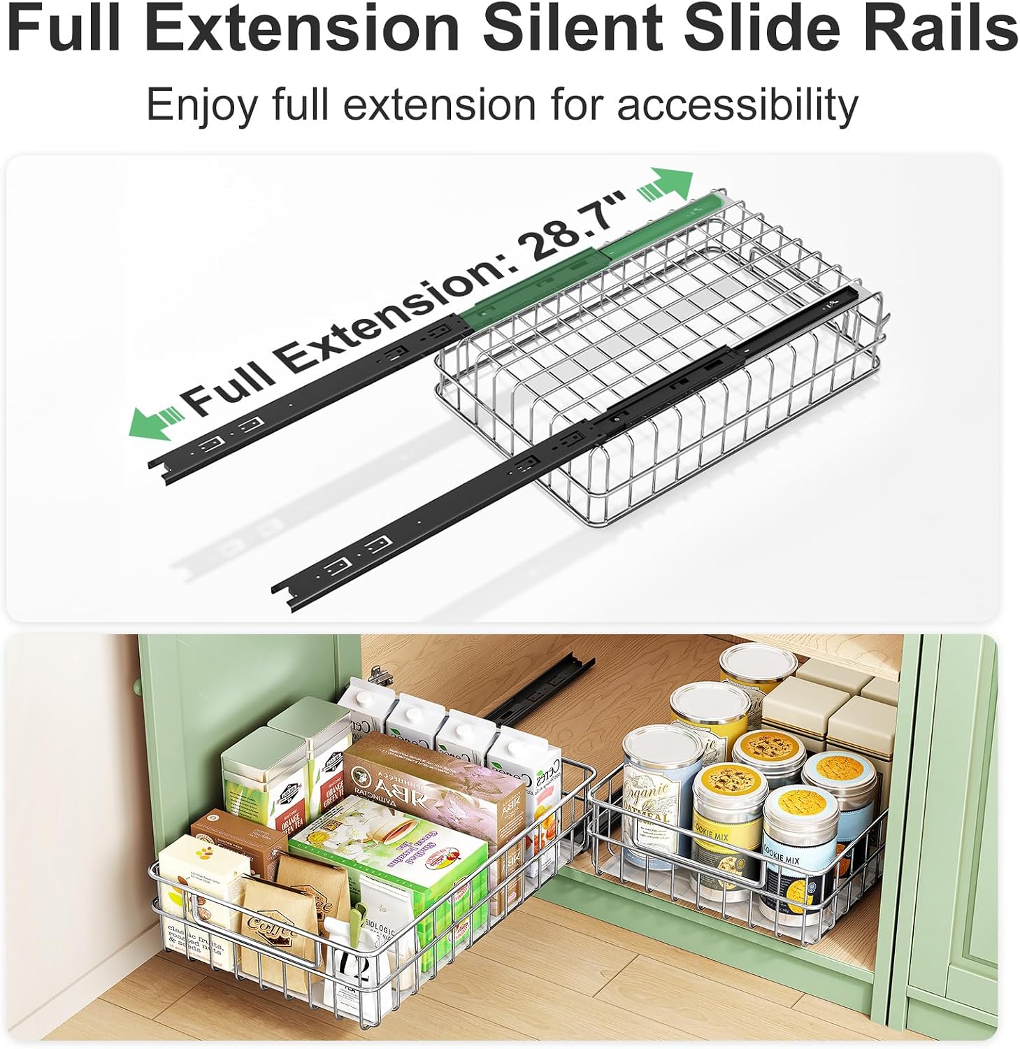 Detalle de Kitstorack Pull Out Cabinet Organizer (Stainless Steel) — Slide-Out Drawer 4-Pack with Full-Extension Slides