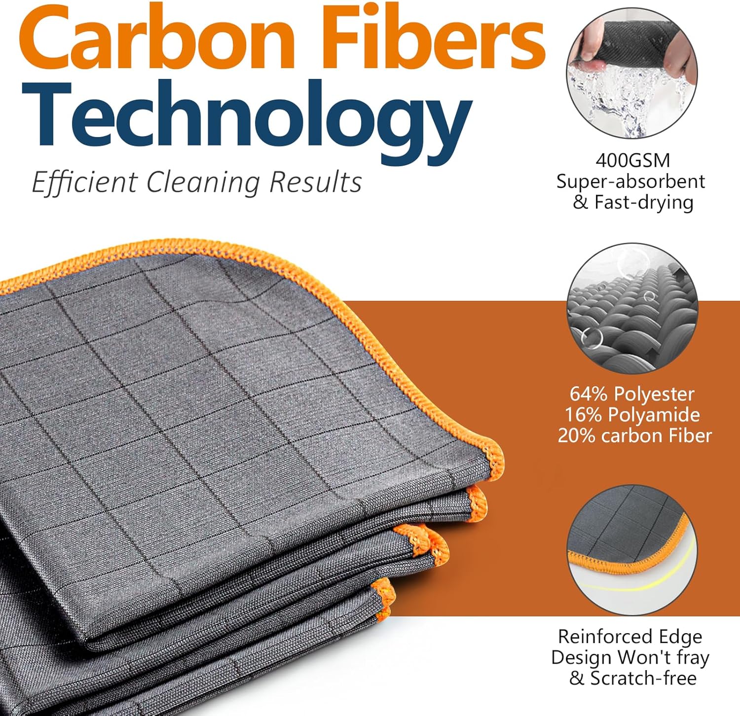 Detalle de Airlab Carbon Microfiber Towels for Car Glass & Detailing (Pack of 3) – Lint-Free, Streak-Free Cleaning Cloths