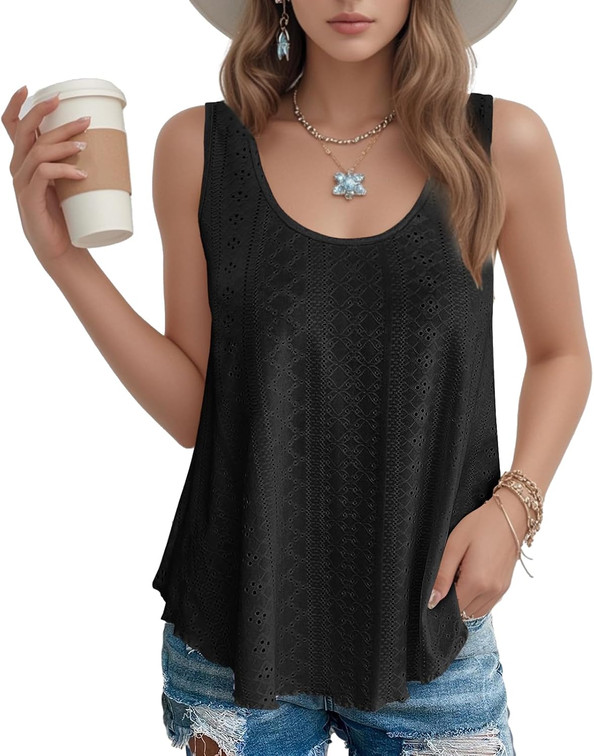 Detalle de SEDEX Women's Loose Fit Tank Top: Sleeveless Eyelet Embroidered Vest