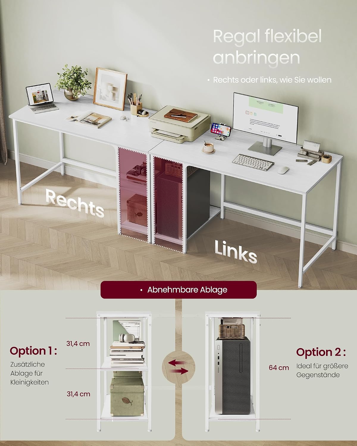 Detalle de VASAGLE Tisch LWD047W44 – Computertisch 120 × 60 cm in Ahornweiß für Büro, Arbeitszimmer und Wohnzimmer