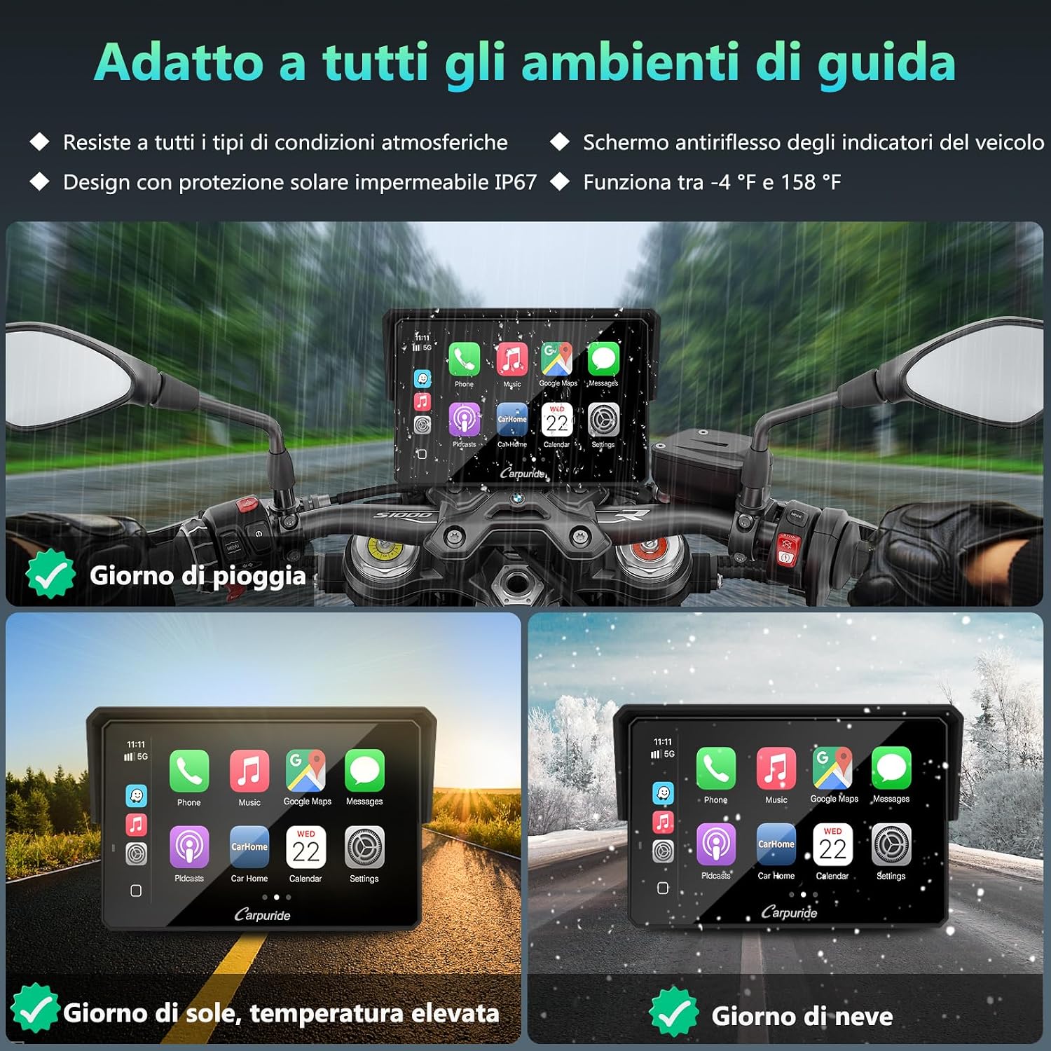 Detalle de CARPURIDE W502BS Pro: Display 5'' impermeabile con CarPlay/Android Auto per Moto BMW, TPMS e Bluetooth Dual