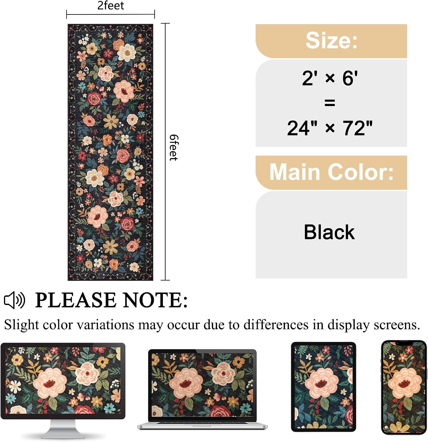 Thumbnail 1 de DUKINO 2x6 Vintage Floral Runner Rug — Soft, Washable, Non-Slip Backing for Hallways and More