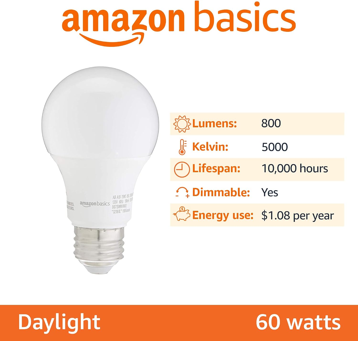 Detalle 2 de Amazon Basics A19 LED 9W Daylight 5000K, 6-pack
