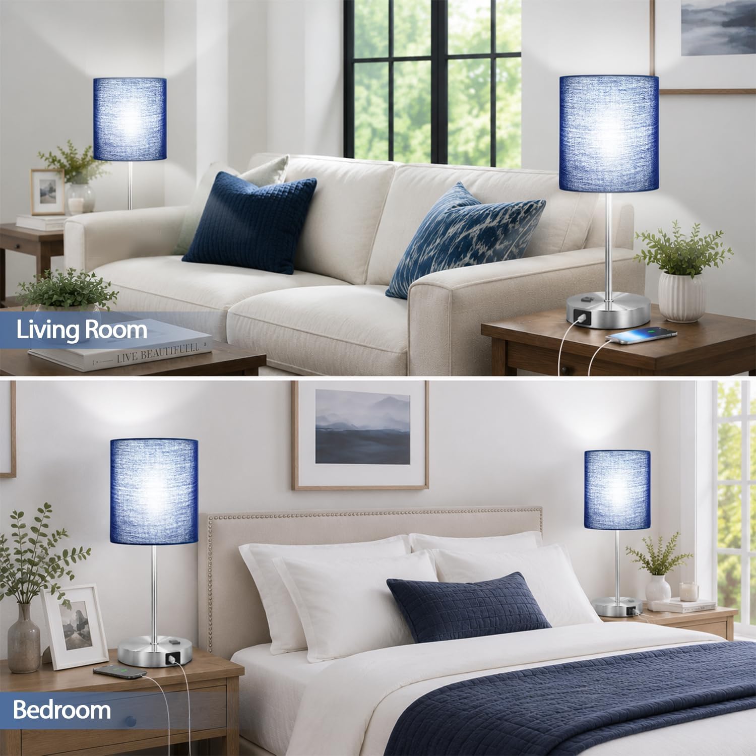 Detalle 1 de Lynnoland Touch Control Table Lamps, Set of 2, 3-Way Dimmable with USB Ports and AC Outlet