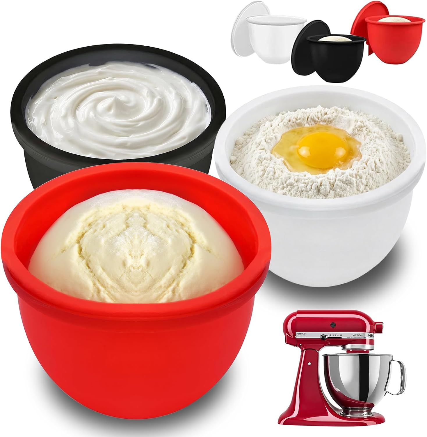 Detalle de GuanQiao Silicone Bowl Liners for 5 Qt KitchenAid Mixers, 3 with Lids 🍲