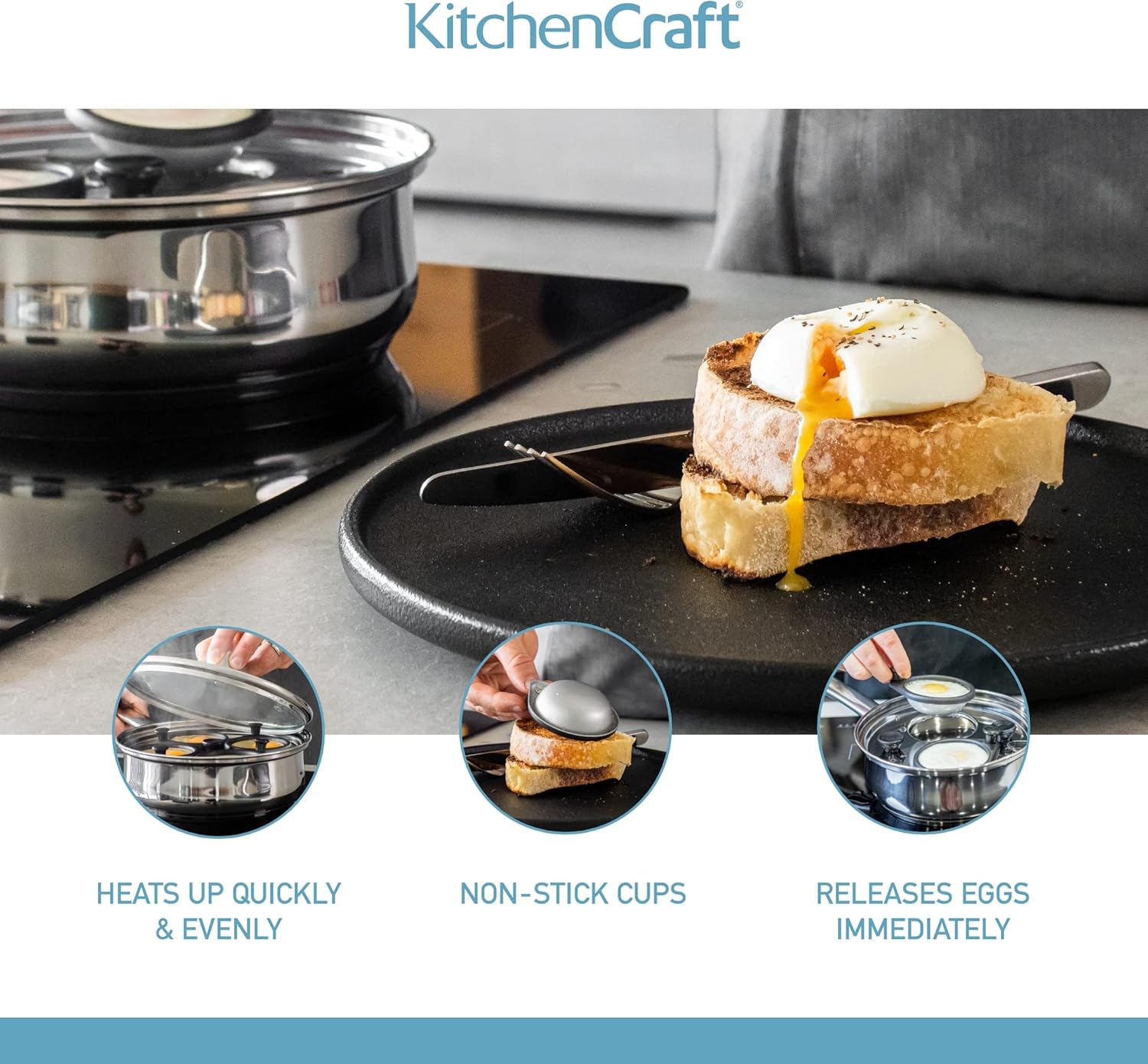 Thumbnail 3 de KitchenCraft Faitout à œufs antiadhésif 4 portions compatible induction et couvercle en verre