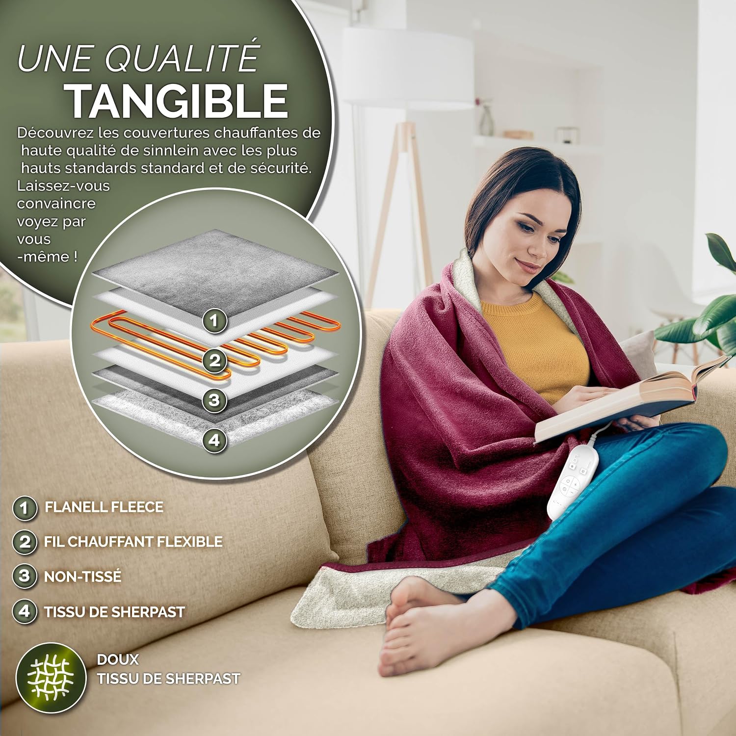 Detalle de sinnlein® Couverture chauffante 180 x 130 cm avec arrêt automatique – Douillette, lavable