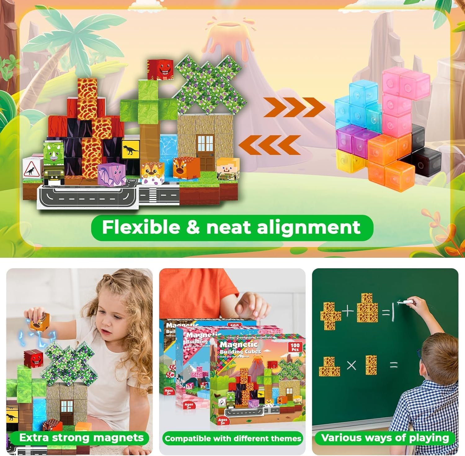 Thumbnail 4 de Construction magnétique Enfant – Ensemble de 100 cubes magnétiques pour un univers dinosaure préhistorique