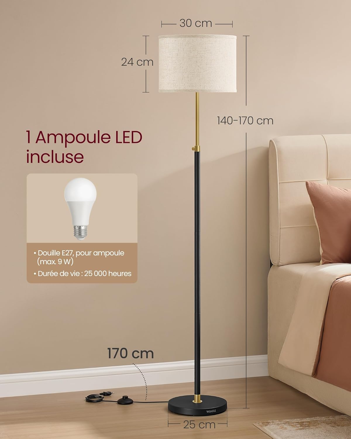 Detalle de VASAGLE Lampadaire LFL002B02 – Lampe sur pied ajustable 140–170 cm, doré et noir