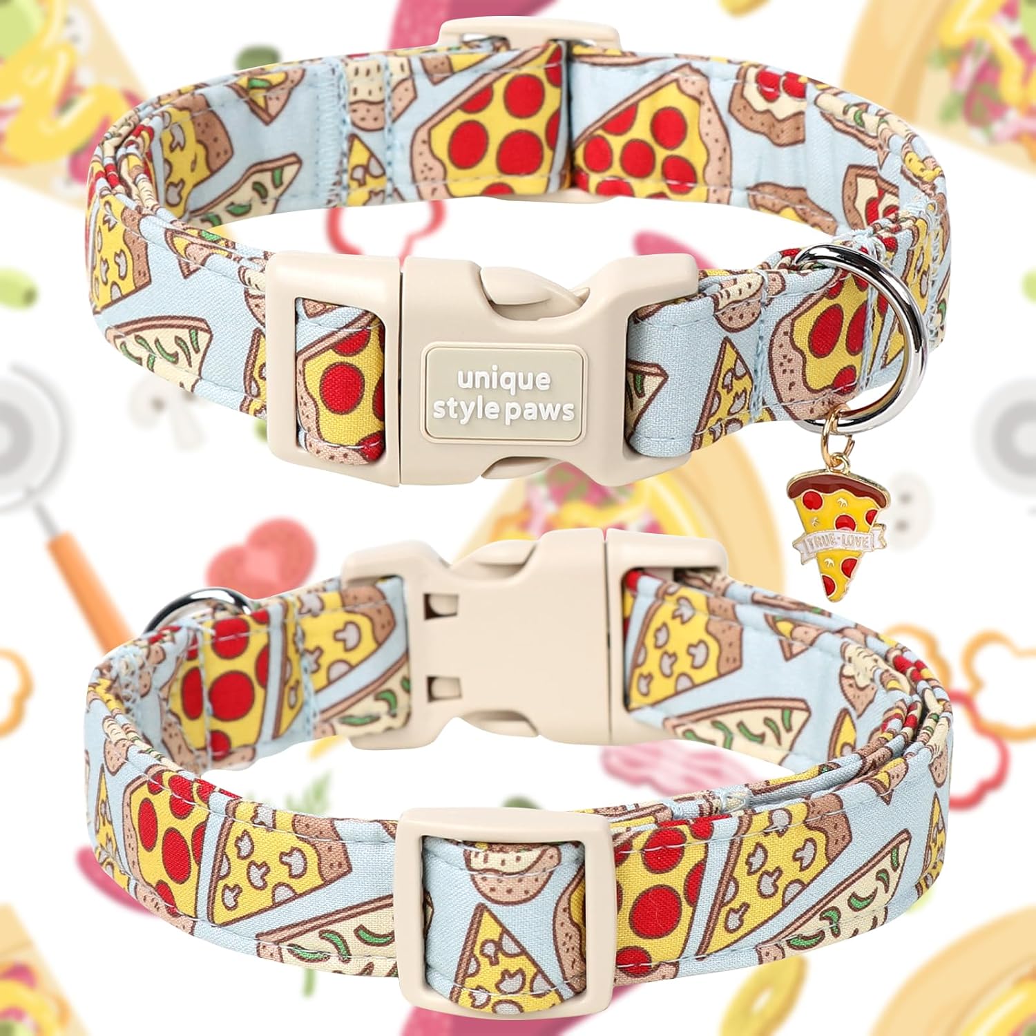 Detalle de Unique Style Pizza-Halsband aus Baumwolle – verstellbares Pfoten-Design Halsband mit Schnellverschluss